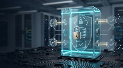 Fototapeta premium Cybersecurity concept with glowing digital shield and padlock