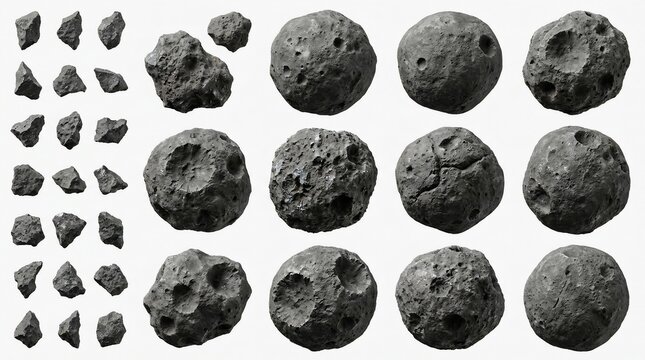 Set of various grey asteroid and meteor rock fragments isolated on white background.