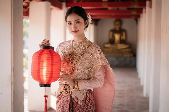 Young Thai woman wears traditional Lanna silk dress with gold jewelry holding red paper lantern inside ancient Buddhist temple. Beautiful Asian lady smiles at camera during festival in Chiang Mai.