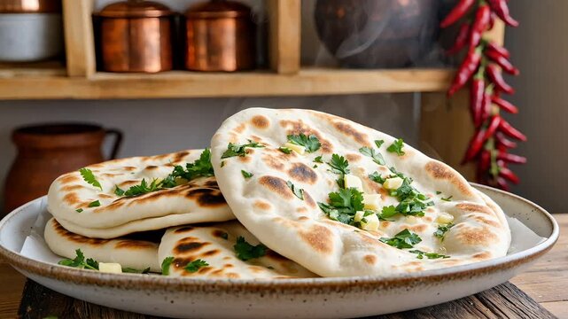 Stack of warm herb-infused pita breads on a plate