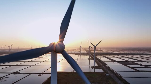 Wind turbine farm at sunset over wetland with water reflections and open sky