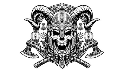 Fototapeta premium Fierce Viking Skeleton Warrior Skull Horned Helmet Black Vector Emblem