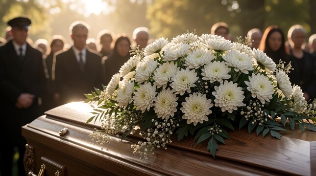 Funeral procession moves forward under sunlight. Wooden coffin adorned with white flowers leads the solemn gathering. Mourners stand in sorrowful respect outdoors during a burial ceremony.