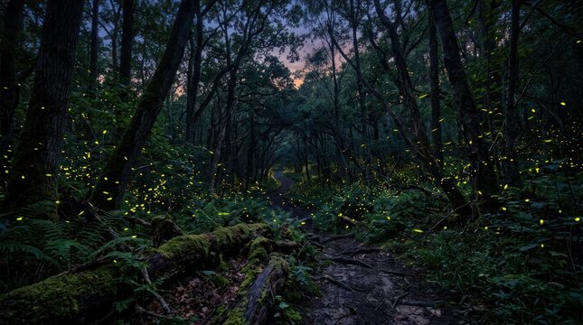 Enchanted forest path at night with fireflies