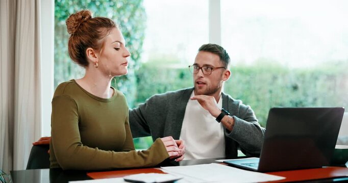 Conflict, couple or finance with paperwork in home for account arrears, transaction history or debt. Marriage, fight and people with invoice for missed bills, savings withdrawal and budget dishonesty