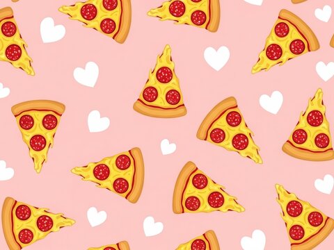 Pepperoni pizza slices pattern with white hearts on a pink background