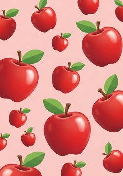 Red apple pattern with green leaves on a soft pink background
