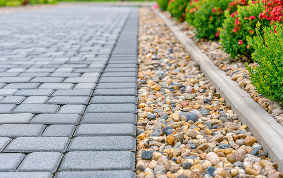 Modern garden path features grey concrete pavers, neat decorative pebble border. Stone strip separates walkway from green bushes with red flowers.