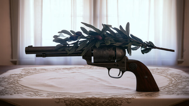 An olive branch laid across the barrel of one solitary revolver