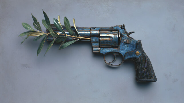 An olive branch laid across the barrel of one solitary revolver