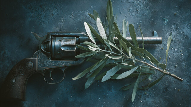 An olive branch laid across the barrel of one solitary revolver