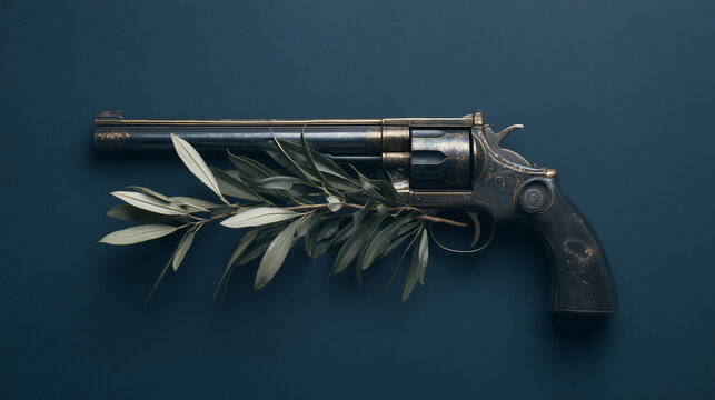 An olive branch laid across the barrel of one solitary revolver