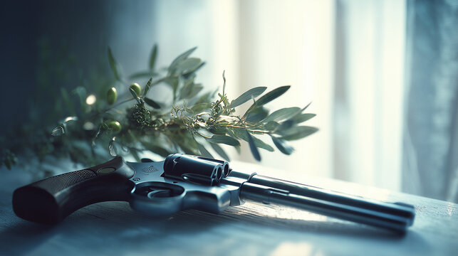 An olive branch laid across the barrel of one solitary revolver
