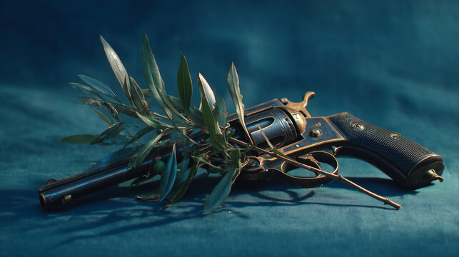 An olive branch laid across the barrel of one solitary revolver
