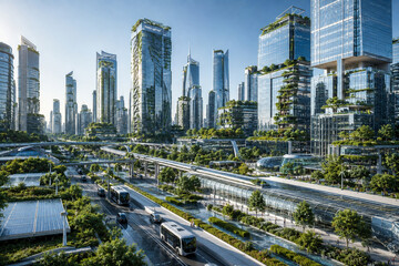 Fototapeta premium Futuristic Eco Friendly Smart City with Vertical Gardens and Autonomous Electric Shuttles