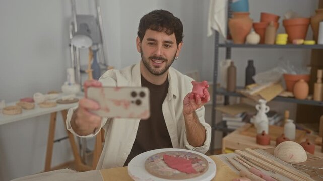 Man with beard holds pink clay in hand and smiles while taking a selfie with smartphone at a pottery worktable in studio among shelves of pots and sculpting tools; creative joy.