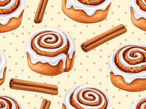 Cinnamon rolls with white icing and cinnamon sticks, a sweet bakery pattern