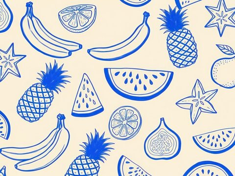 Blue line drawing pattern of exotic and tropical fruits on a cream background