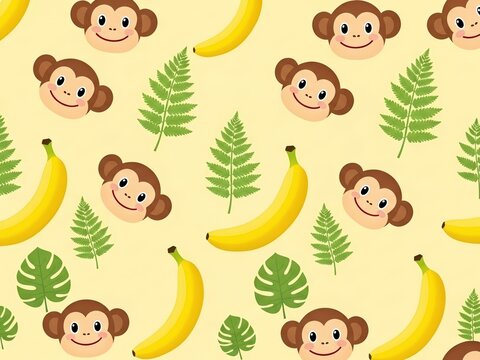 Playful pattern with cute monkey faces, bananas, and tropical leaves