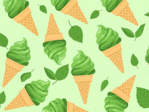 Green ice cream cones with mint leaves scattered on a light green background, pattern for summer
