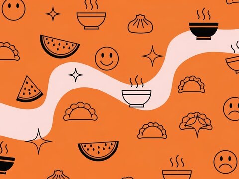 Food icons pattern on orange background, abstract elements with smiles and sparkles