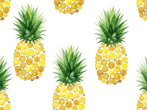 Whimsical watercolor pattern of pineapples composed of golden circles, perfect for tropical themes