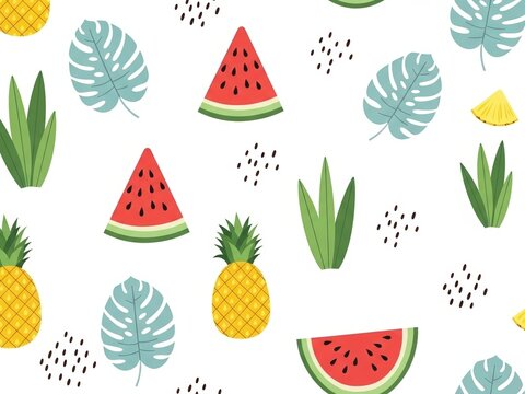 Tropical summer pattern with watermelon, pineapple, leaves, and dots, perfect for vacation themes