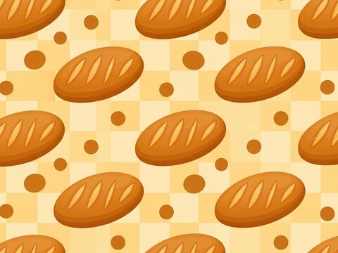 Seamless pattern of freshly baked loaves of bread on a checkered background with small circles