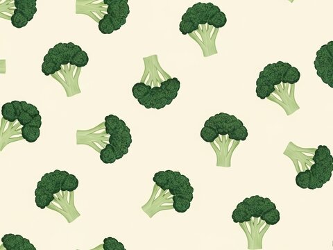 Repeat pattern of fresh green broccoli florets on a light cream background