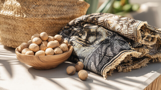 Mud‑dyed textile laid out with shea nuts and a hand‑woven basket, theme of West African handicraft and organic home styling