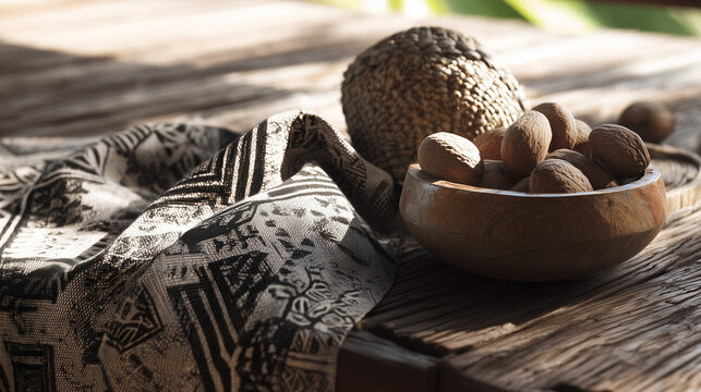 Mud‑dyed textile laid out with shea nuts and a hand‑woven basket, theme of West African handicraft and organic home styling