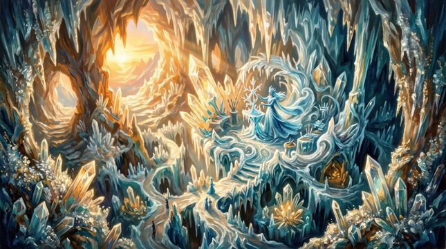 Fantasy ice palace and crystal cave illuminated by sunlight