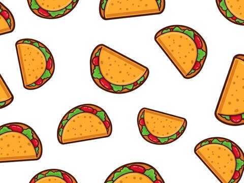 Seamless pattern of folded tacos with lettuce and tomato filling on white