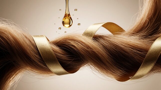 Gold oil drop falls onto long brown hair strand wrapped in silk ribbon. Liquid serum provides deep hydration to dry locks. Cosmetic product heals damaged split ends for silky smooth texture. Pro
