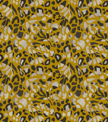 Seamless leopard animal print with yellow florals, modern cheetah pattern background, mustard yellow abstract textile vector © Malka Maryam