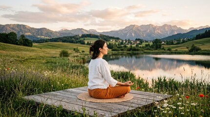 Fototapeta premium A tranquil woman meditates in the fresh air, embracing mindfulness by a serene mountain lake. This practice fosters inner peace and a healthy, sustainable lifestyle.