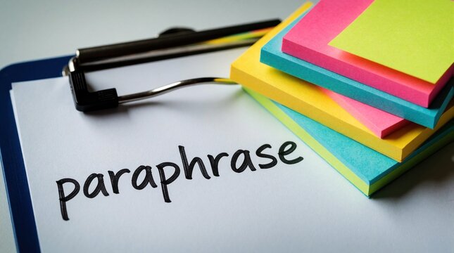 Clipboard shows paraphrase text beside stack of colorful sticky notes. Use for notes reminders or study planning. Simple office supplies for tasks.