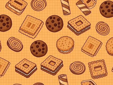 Assortment of cookies and biscuits, including sandwich cookies and swirl cookies, on an orange grid background