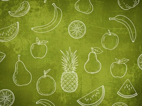 White chalk outlines of various fruits like apples, bananas, pineapples, and pears on a distressed green chalkboard