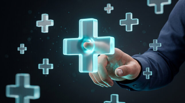 Medical technology advancement interface showing a hand pressing a glowing blue plus symbol for health insurance enrollment
