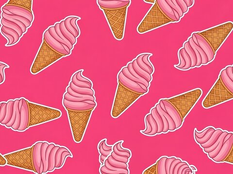 Pink soft serve ice cream cones scattered on a bright pink background, playful and sweet summer treat pattern