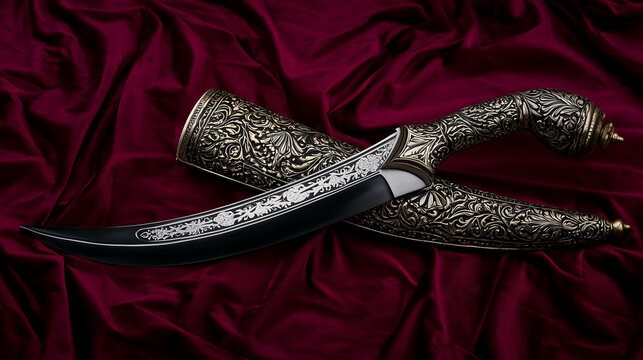 Ritual kirpan blade with an elaborate scabbard resting upon burgundy velvet, theme of cultural legacy and dignified display
