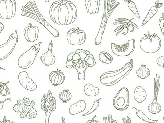 Outline pattern of various vegetables on a white background