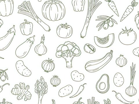 Outline pattern of various vegetables on a white background