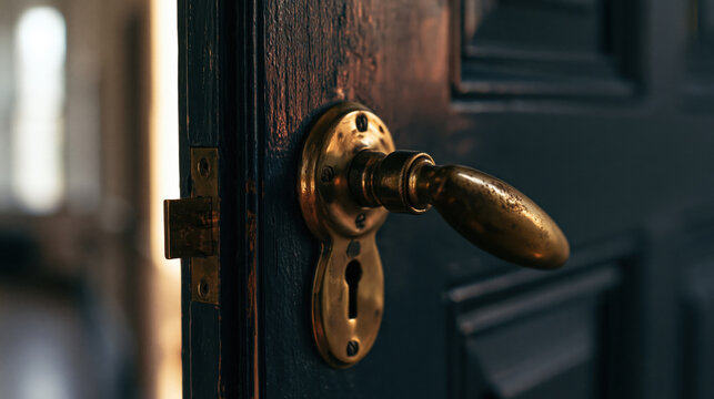 Aged brass door handle close up keyhole wooden door dark door metal latch vintage style interior security access