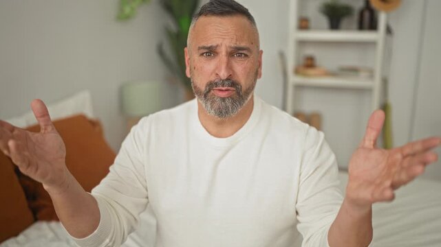 Middle aged hispanic man pointing finger to temple while seated on bed with pillows and shelf in a bedroom building; frustration.