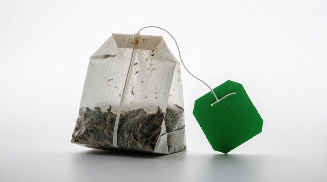 Tea bag with green tag rests on white surface. Loose dried leaves visible inside translucent paper pouch. String attaches tag to bag for brewing hot infusion.