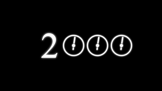 numbers 2000 with three clock faces integrated into the zero digits against a stark black background symbolizing the dawn of a new millennium and the passage of time Keywords: 2000.4k