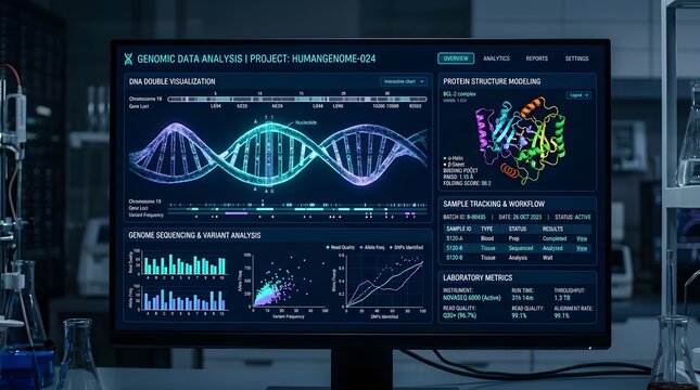 Computer monitor displaying genomic data and protein modeling