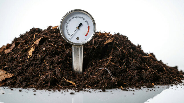 Compost thermometer inserted into dark soil pile for temperature measurement. Metal gauge checks heat levels of organic waste mixture in garden. Agricultural tool monitors decomposition process for